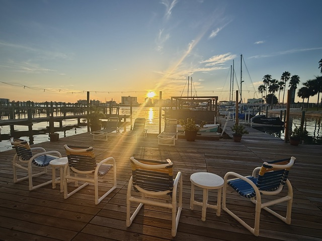 Sunrise over the marina deck at Barefoot Bay